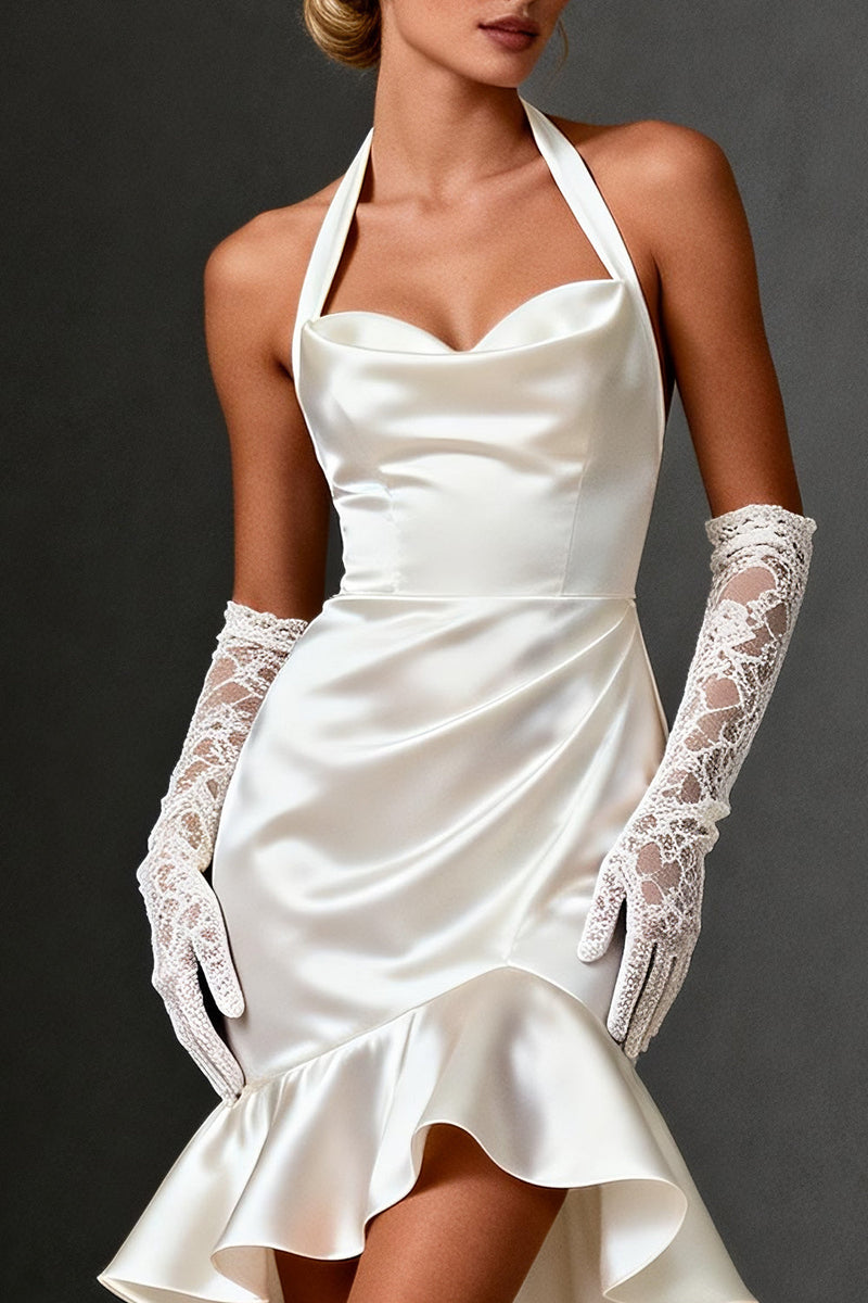 Load image into Gallery viewer, White Satin Bodycon Ruffled Halter Short Wedding Dress