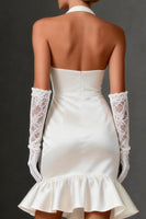 Load image into Gallery viewer, White Satin Bodycon Ruffled Halter Short Wedding Dress