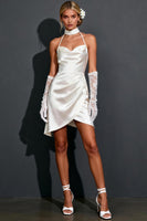 Load image into Gallery viewer, White Satin Bodycon Ruched Halter Short Wedding Dress