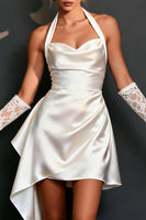 Load image into Gallery viewer, White Satin Bodycon Halter Short Wedding Dress with Side Cape