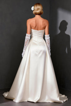 White Satin A Line Strapless High-Low Wedding Dress