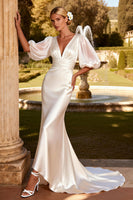 Load image into Gallery viewer, Ivory Satin V Neck Puff Sleeves Mermaid Sweep Train Wedding Dress