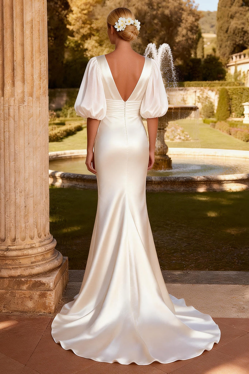 Load image into Gallery viewer, Ivory Satin V Neck Puff Sleeves Mermaid Sweep Train Wedding Dress