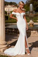 Load image into Gallery viewer, White Satin Mermaid Sweep Train Beaded Wedding Dress with Slit