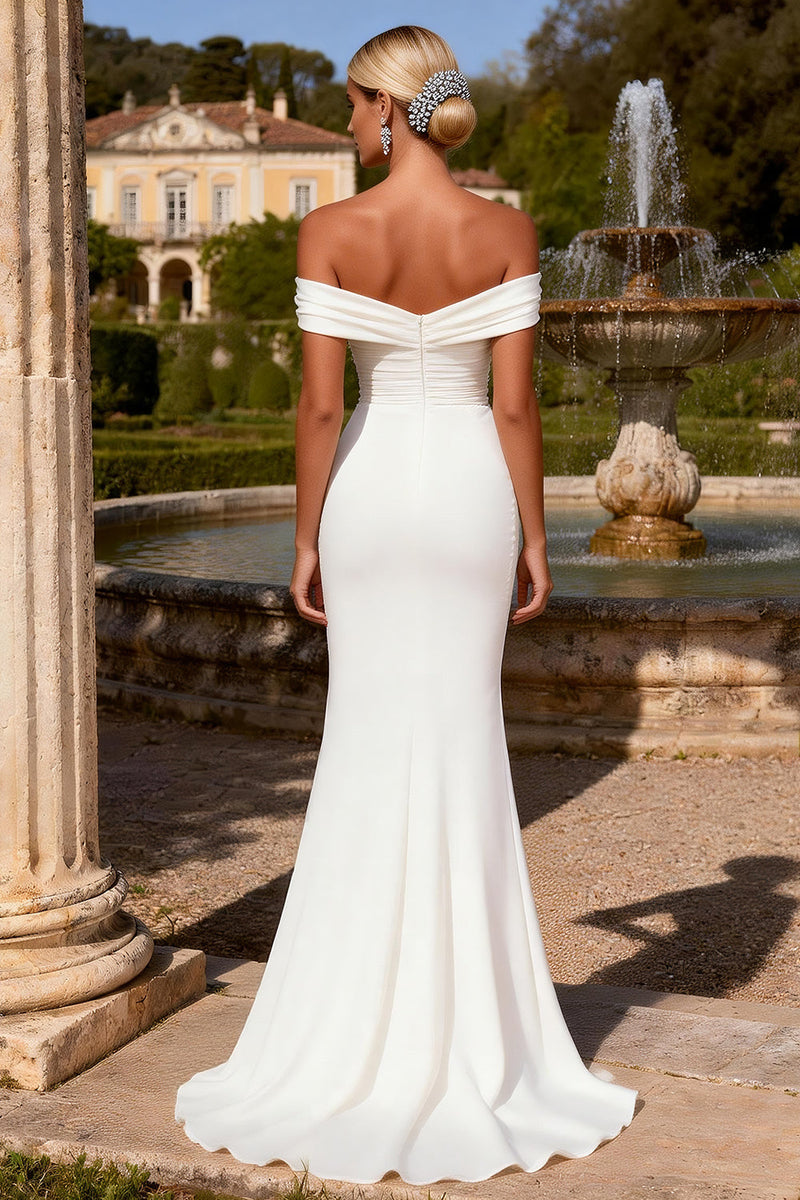 Load image into Gallery viewer, White Satin Mermaid Sweep Train Beaded Wedding Dress with Slit