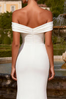 Load image into Gallery viewer, White Satin Mermaid Sweep Train Beaded Wedding Dress with Slit