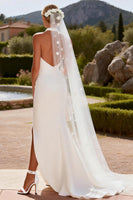 Load image into Gallery viewer, White Halter Mermaid Keyhole Ruched Sweep Train Wedding Dress with Slit