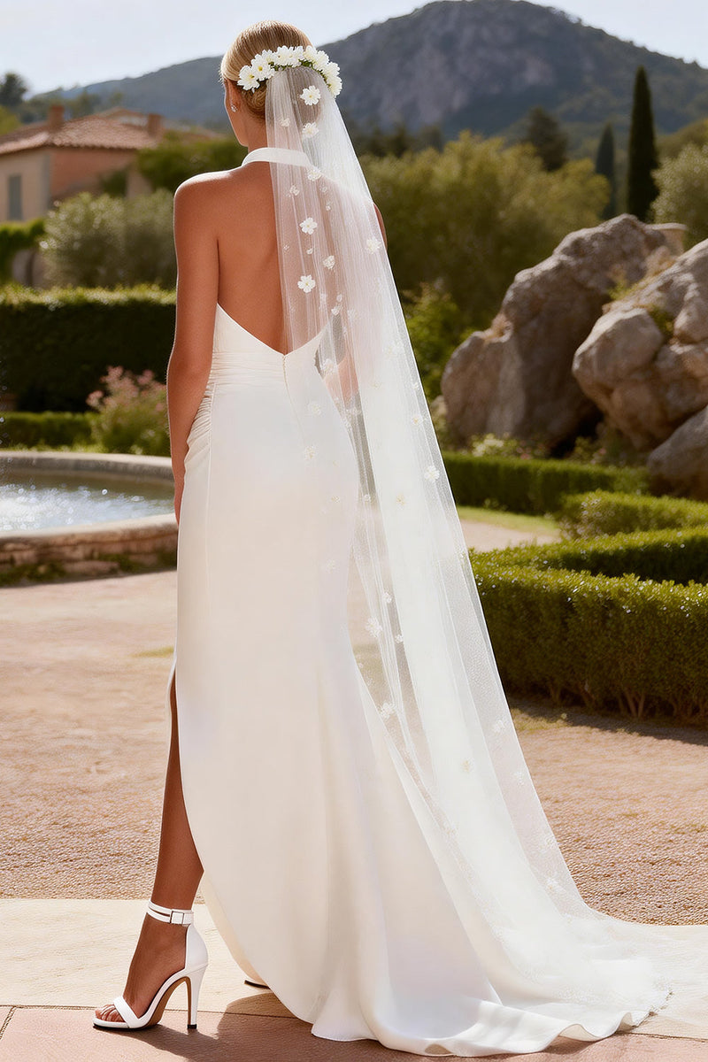 Load image into Gallery viewer, White Halter Mermaid Keyhole Ruched Sweep Train Wedding Dress with Slit