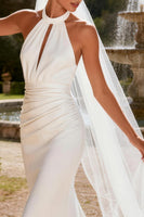 Load image into Gallery viewer, White Halter Mermaid Keyhole Ruched Sweep Train Wedding Dress with Slit