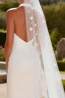 Load image into Gallery viewer, White Halter Mermaid Keyhole Ruched Sweep Train Wedding Dress with Slit