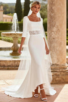 Load image into Gallery viewer, White Mermaid Square Neck 3/4 Sleeves Sweep Train Wedding Dress with Lace