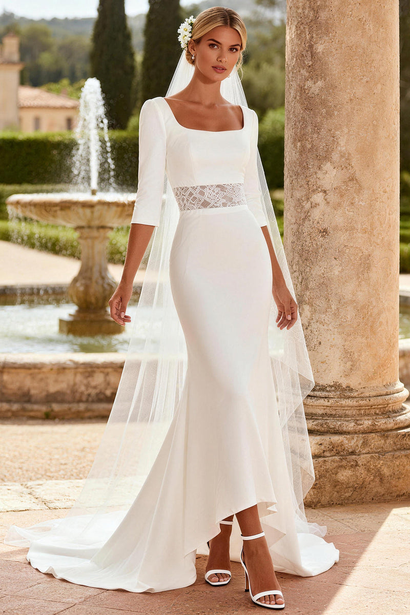 Load image into Gallery viewer, White Mermaid Square Neck 3/4 Sleeves Sweep Train Wedding Dress with Lace