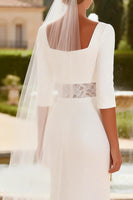 Load image into Gallery viewer, White Mermaid Square Neck 3/4 Sleeves Sweep Train Wedding Dress with Lace