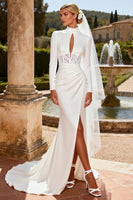 Load image into Gallery viewer, White Satin Keyhole Mermaid High Neck Sweep Train Wedding Dress with Slit