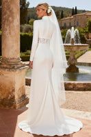 Load image into Gallery viewer, White Satin Keyhole Mermaid High Neck Sweep Train Wedding Dress with Slit