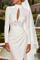 Load image into Gallery viewer, White Satin Keyhole Mermaid High Neck Sweep Train Wedding Dress with Slit