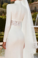 Load image into Gallery viewer, White Satin Keyhole Mermaid High Neck Sweep Train Wedding Dress with Slit