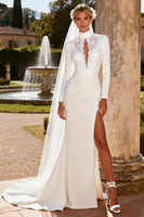 Load image into Gallery viewer, White Satin Keyhole Long Sleeves Mermaid Sweep Train Wedding Dress with Slit