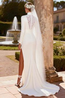 White Satin Keyhole Long Sleeves Mermaid Sweep Train Wedding Dress with Slit