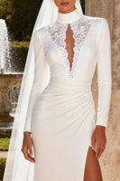 Load image into Gallery viewer, White Satin Keyhole Long Sleeves Mermaid Sweep Train Wedding Dress with Slit