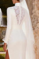 Load image into Gallery viewer, White Satin Keyhole Long Sleeves Mermaid Sweep Train Wedding Dress with Slit