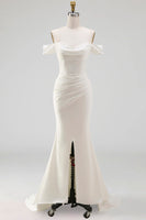 Load image into Gallery viewer, White Mermaid Cold Shoulder Corset Sweep Train Wedding Dress with Slit