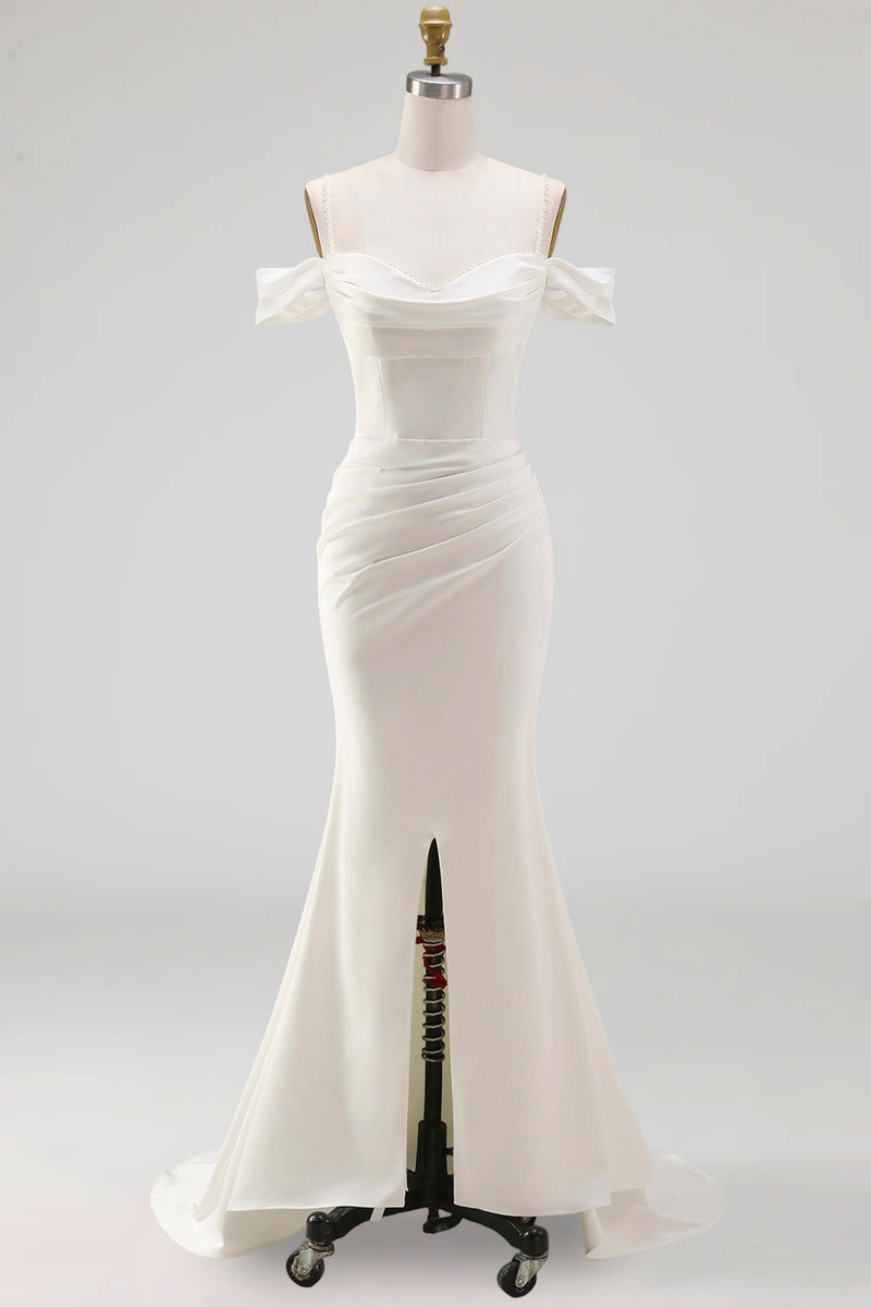 Load image into Gallery viewer, White Mermaid Cold Shoulder Corset Sweep Train Wedding Dress with Slit