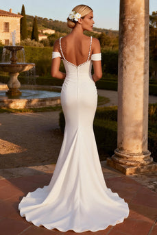 White Mermaid Cold Shoulder Corset Sweep Train Wedding Dress with Slit