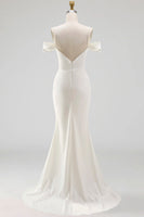 Load image into Gallery viewer, White Mermaid Cold Shoulder Corset Sweep Train Wedding Dress with Slit