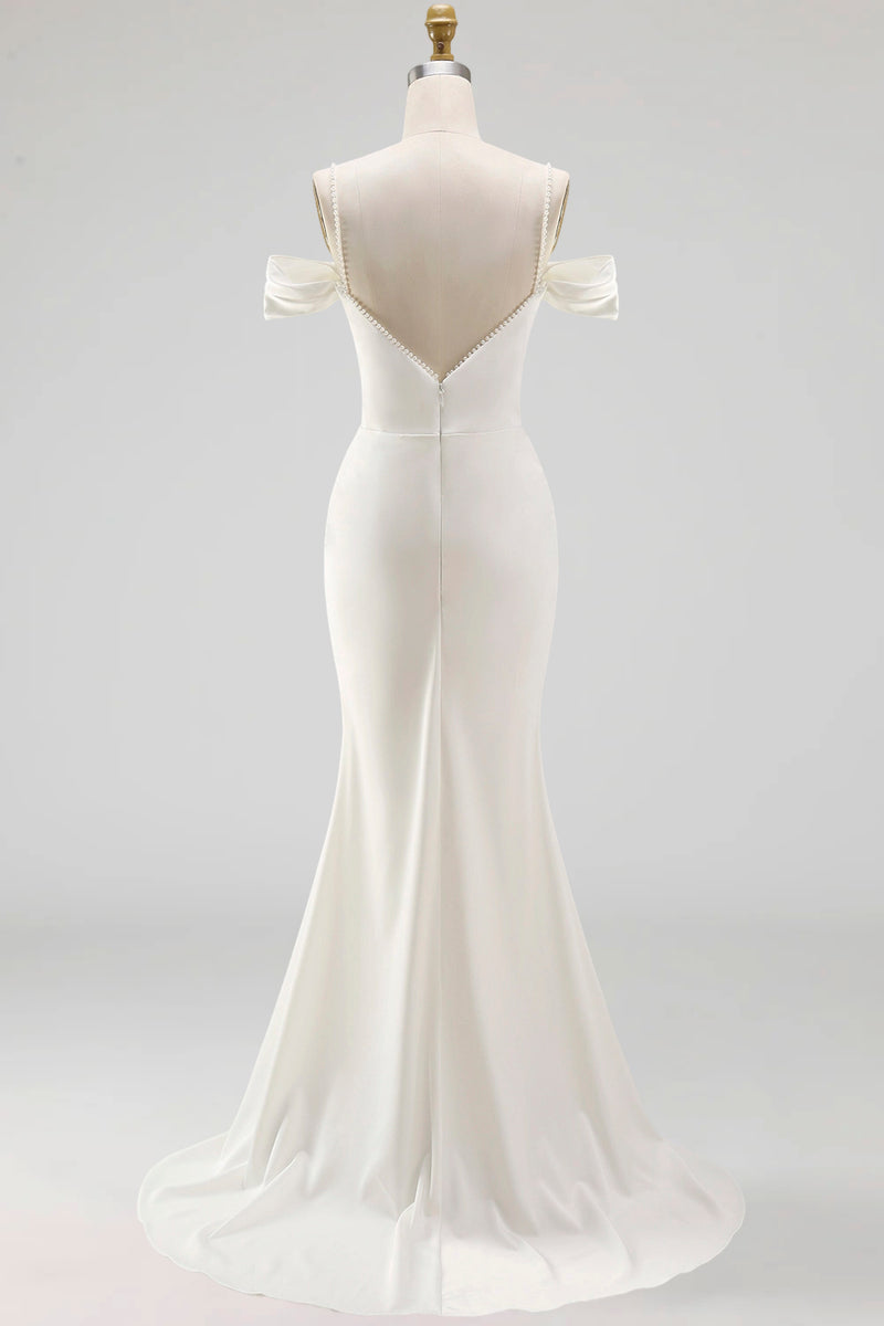 Load image into Gallery viewer, White Mermaid Cold Shoulder Corset Sweep Train Wedding Dress with Slit