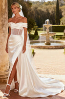 Load image into Gallery viewer, Sparkly Ivory Satin Corset Mermaid Sweep Train Beaded Wedding Dress with Slit