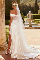 Load image into Gallery viewer, Sparkly Ivory Satin Corset Mermaid Sweep Train Beaded Wedding Dress with Slit
