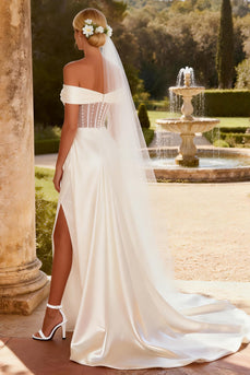 Sparkly Ivory Satin Corset Mermaid Sweep Train Beaded Wedding Dress with Slit