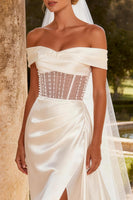 Load image into Gallery viewer, Sparkly Ivory Satin Corset Mermaid Sweep Train Beaded Wedding Dress with Slit
