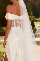 Load image into Gallery viewer, Sparkly Ivory Satin Corset Mermaid Sweep Train Beaded Wedding Dress with Slit