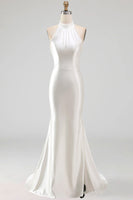 Load image into Gallery viewer, Ivory Satin Halter Mermaid Sweep Train Beaded Wedding Dress with Slit
