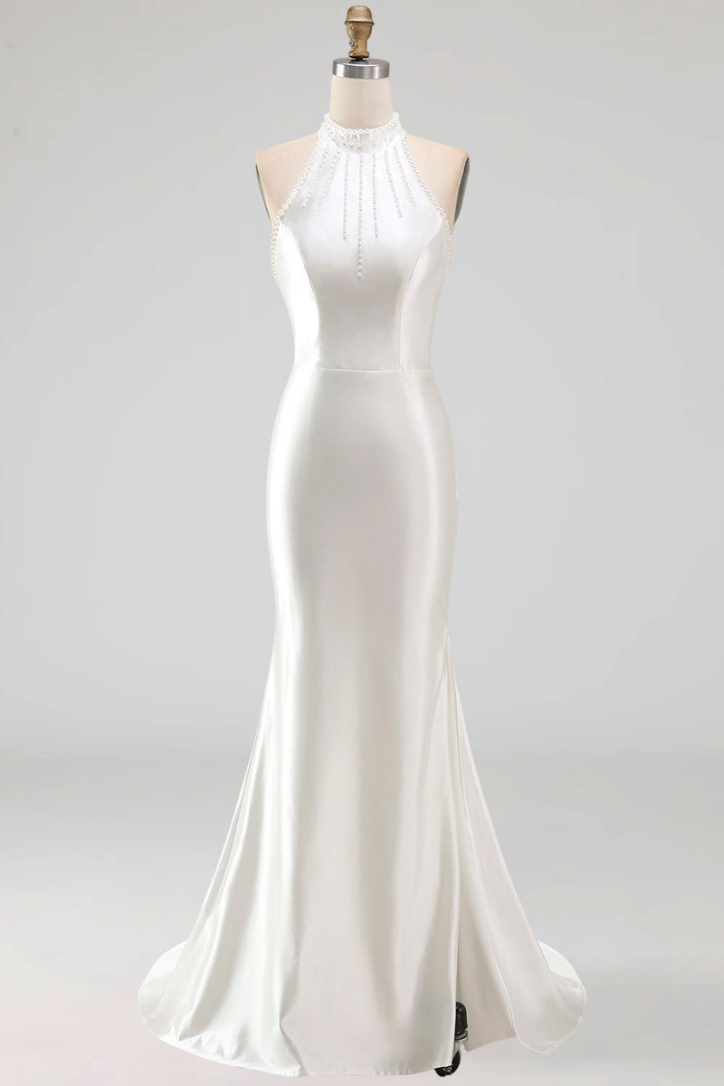 Load image into Gallery viewer, Ivory Satin Halter Mermaid Sweep Train Beaded Wedding Dress with Slit