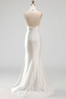 Load image into Gallery viewer, Ivory Satin Halter Mermaid Sweep Train Beaded Wedding Dress with Slit