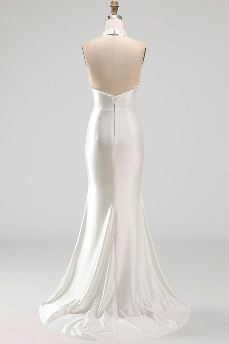 Load image into Gallery viewer, Ivory Satin Halter Mermaid Sweep Train Beaded Wedding Dress with Slit
