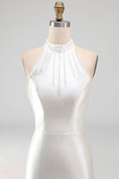 Load image into Gallery viewer, Ivory Satin Halter Mermaid Sweep Train Beaded Wedding Dress with Slit
