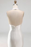 Load image into Gallery viewer, Ivory Satin Halter Mermaid Sweep Train Beaded Wedding Dress with Slit