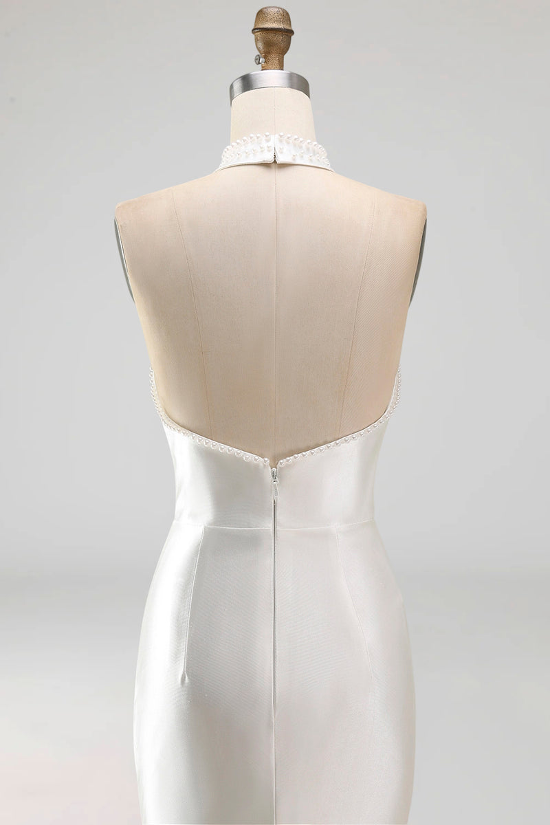 Load image into Gallery viewer, Ivory Satin Halter Mermaid Sweep Train Beaded Wedding Dress with Slit