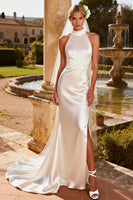 Load image into Gallery viewer, Ivory Satin Halter Mermaid Sweep Train Beaded Wedding Dress with Slit