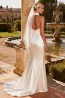 Load image into Gallery viewer, Ivory Satin Halter Mermaid Sweep Train Beaded Wedding Dress with Slit