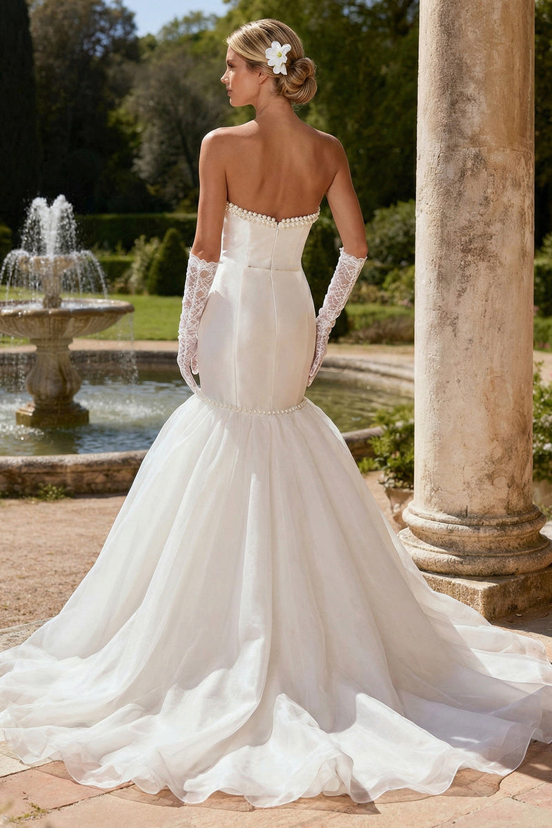 Load image into Gallery viewer, Ivory Satin Strapless Beaded Mermaid Sweep Train Wedding Dress