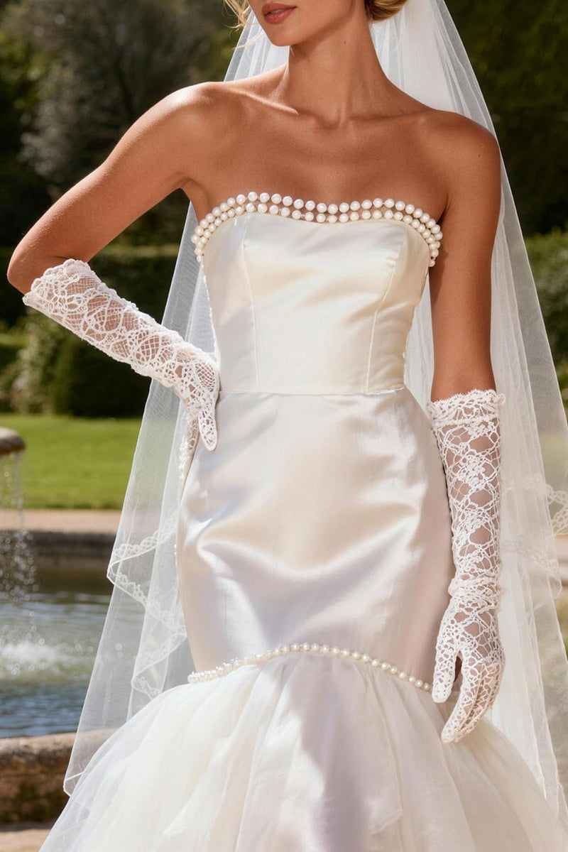 Load image into Gallery viewer, Ivory Satin Strapless Beaded Mermaid Sweep Train Wedding Dress