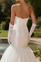 Load image into Gallery viewer, Ivory Satin Strapless Beaded Mermaid Sweep Train Wedding Dress