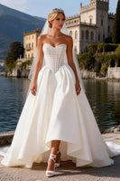 Load image into Gallery viewer, White Satin Corset A Line Sweetheart Sweep Train Wedding Dress