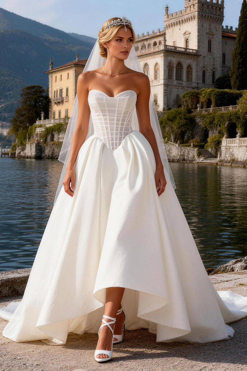 Load image into Gallery viewer, White Satin Corset A Line Sweetheart Sweep Train Wedding Dress