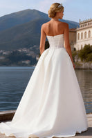 Load image into Gallery viewer, White Satin Corset A Line Sweetheart Sweep Train Wedding Dress